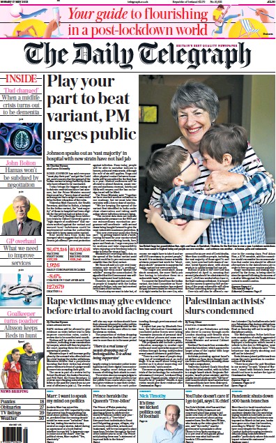 The Daily Telegraph Newspaper Front Page for 17 May 2021