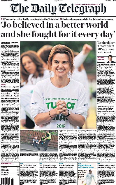 The Daily Telegraph Newspaper Front Page for 17 June 2016