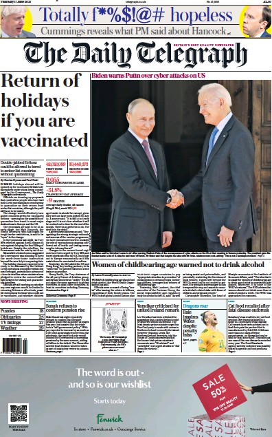 The Daily Telegraph (UK) Newspaper Front Page for 17 June 2021