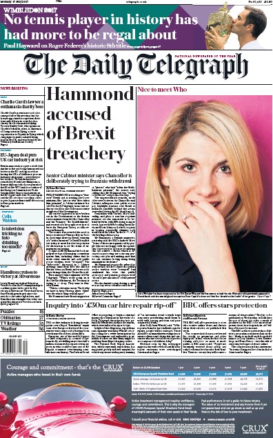 The Daily Telegraph Newspaper Front Page for 17 July 2017