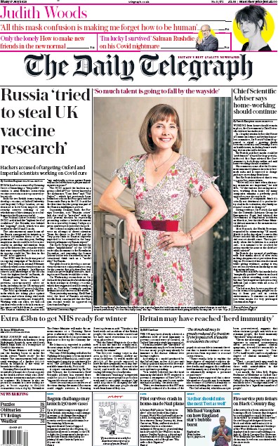 The Daily Telegraph Newspaper Front Page for 17 July 2020