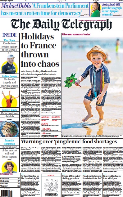 The Daily Telegraph (UK) Newspaper Front Page for 17 July 2021