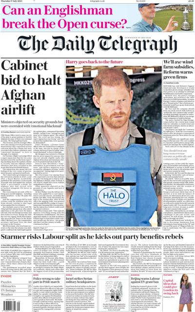 The Daily Telegraph (UK) Newspaper Front Page for 17 July 2025