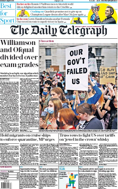The Daily Telegraph (UK) Newspaper Front Page for 17 August 2020