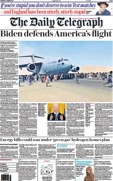 The Daily Telegraph (UK) Newspaper Front Page for 17 August 2021
