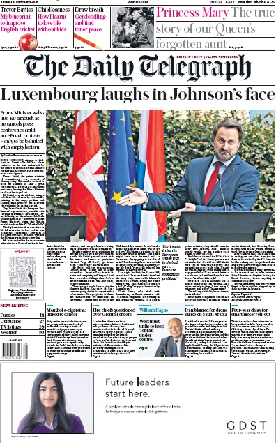 The Daily Telegraph Newspaper Front Page for 17 September 2019