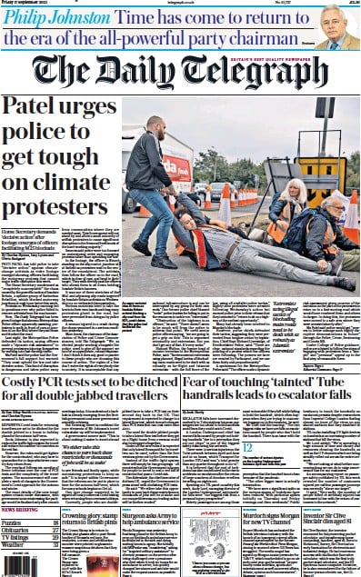 The Daily Telegraph (UK) Newspaper Front Page for 17 September 2021