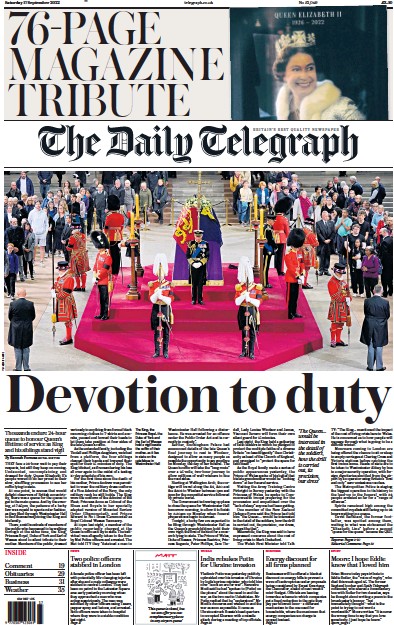 The Daily Telegraph (UK) Newspaper Front Page for 17 September 2022