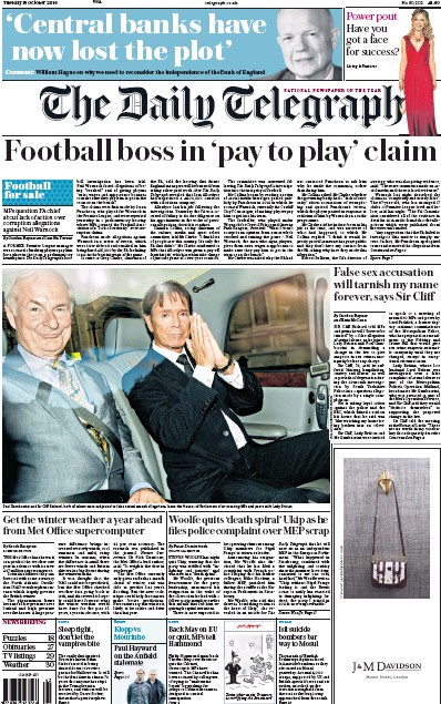 The Daily Telegraph Newspaper Front Page for 18 October 2016