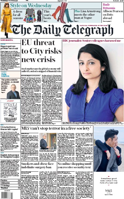 The Daily Telegraph Newspaper Front Page for 18 October 2017