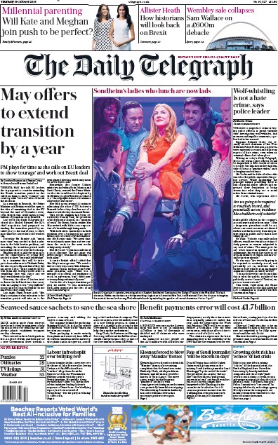 The Daily Telegraph Newspaper Front Page for 18 October 2018
