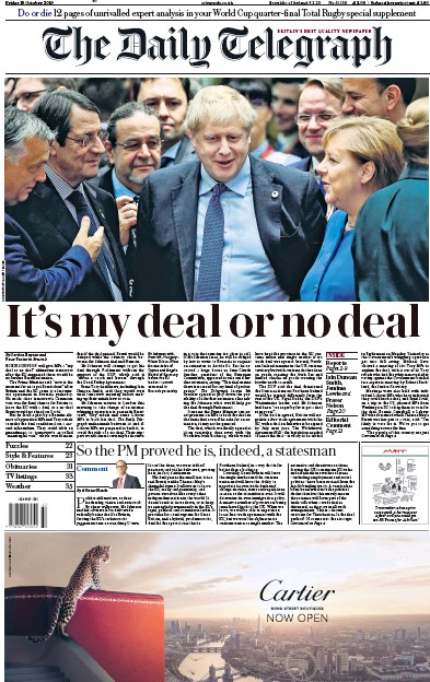 The Daily Telegraph Newspaper Front Page for 18 October 2019