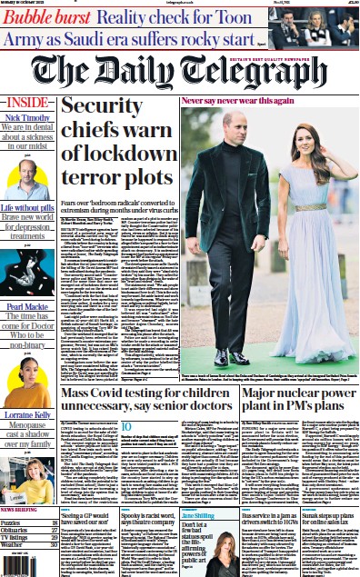 The Daily Telegraph (UK) Newspaper Front Page for 18 October 2021
