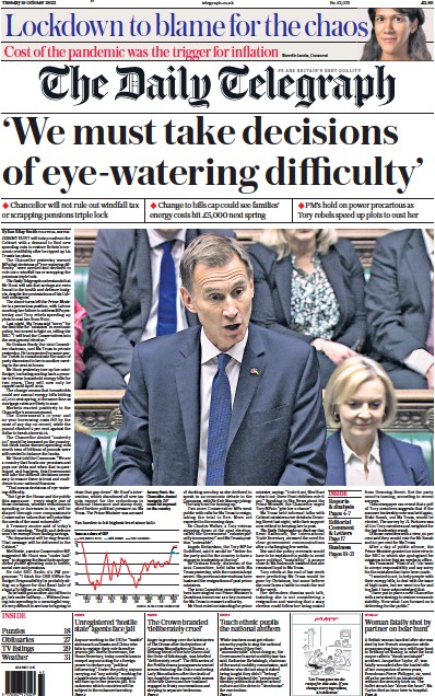 The Daily Telegraph Newspaper Front Page for 18 October 2022
