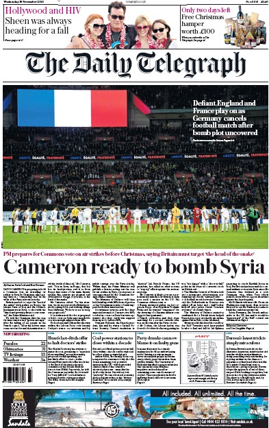 The Daily Telegraph Newspaper Front Page for 18 November 2015