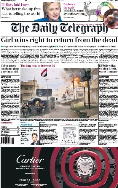 The Daily Telegraph (UK) Newspaper Front Page for 18 November 2016