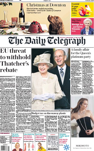The Daily Telegraph Newspaper Front Page for 18 November 2017