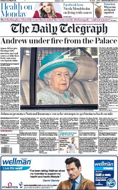 The Daily Telegraph Newspaper Front Page for 18 November 2019