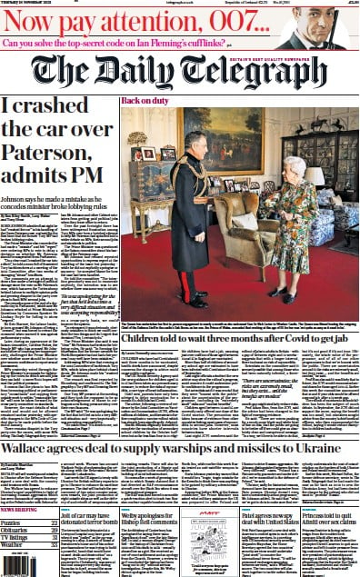 The Daily Telegraph (UK) Newspaper Front Page for 18 November 2021