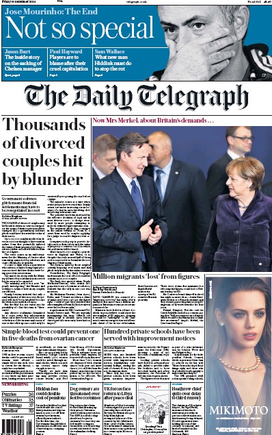 The Daily Telegraph (UK) Newspaper Front Page for 18 December 2015