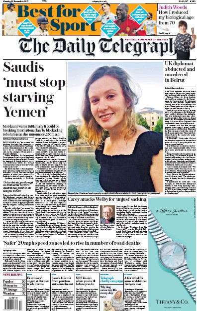 The Daily Telegraph (UK) Newspaper Front Page for 18 December 2017