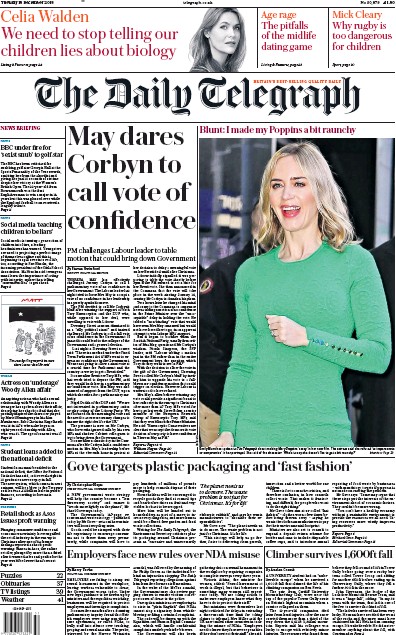 The Daily Telegraph (UK) Newspaper Front Page for 18 December 2018