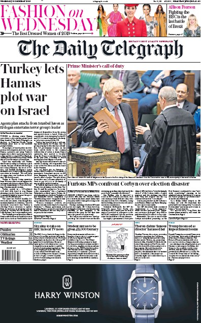 The Daily Telegraph (UK) Newspaper Front Page for 18 December 2019