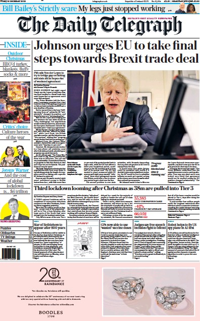 The Daily Telegraph Newspaper Front Page for 18 December 2020
