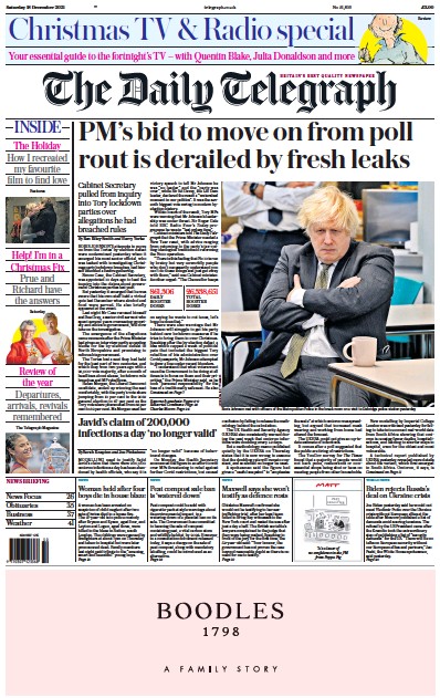 The Daily Telegraph (UK) Newspaper Front Page for 18 December 2021