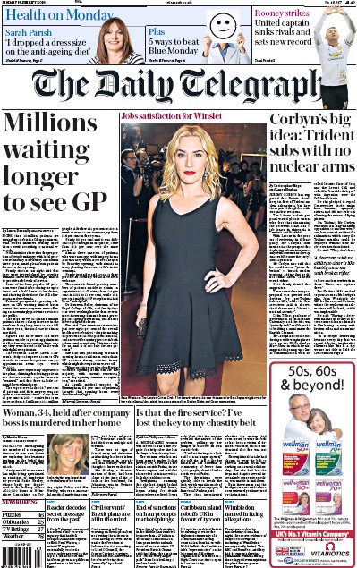 The Daily Telegraph Newspaper Front Page for 18 January 2016