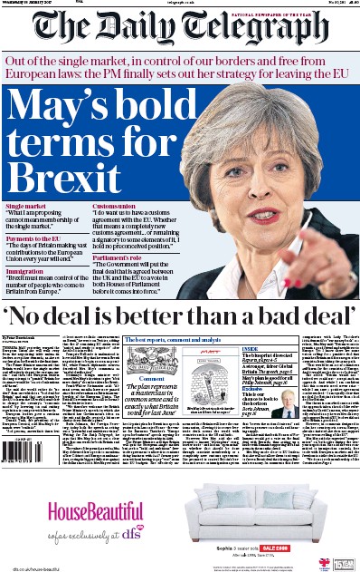 The Daily Telegraph Newspaper Front Page for 18 January 2017
