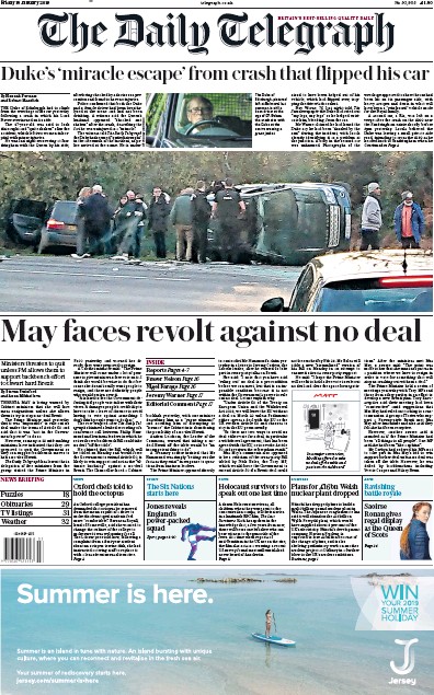 The Daily Telegraph Newspaper Front Page for 18 January 2019