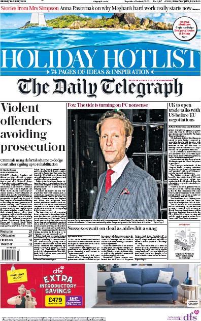 The Daily Telegraph Newspaper Front Page for 18 January 2020