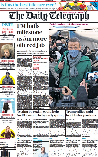 The Daily Telegraph Newspaper Front Page for 18 January 2021