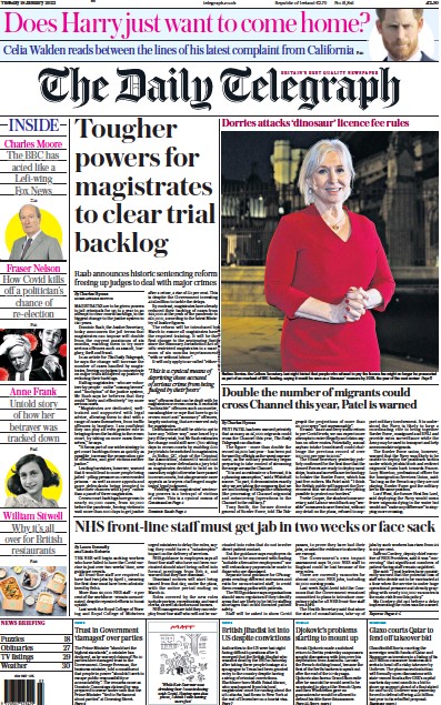 The Daily Telegraph (UK) Newspaper Front Page for 18 January 2022