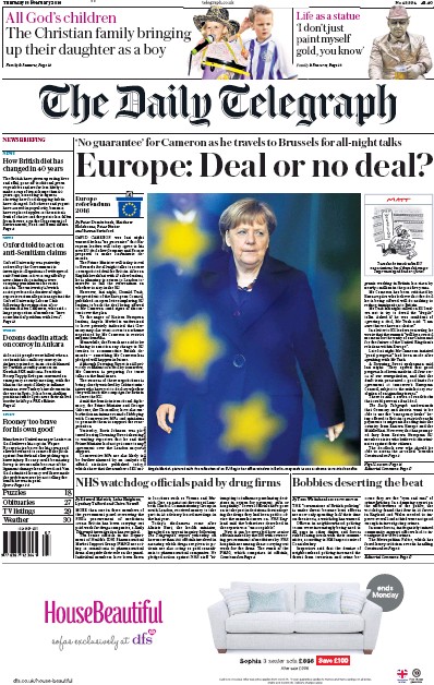 The Daily Telegraph Newspaper Front Page for 18 February 2016