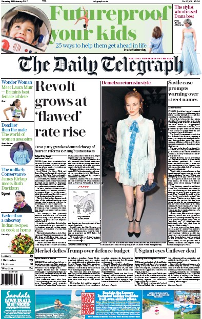 The Daily Telegraph Newspaper Front Page for 18 February 2017