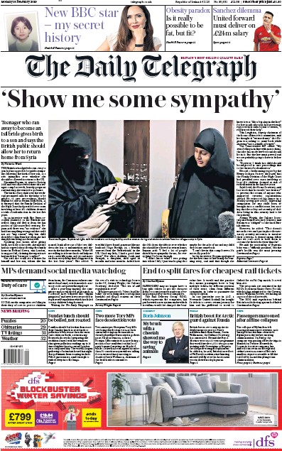 The Daily Telegraph Newspaper Front Page for 18 February 2019
