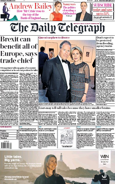The Daily Telegraph Newspaper Front Page for 18 February 2020