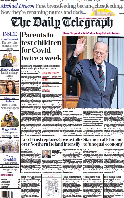 The Daily Telegraph Newspaper Front Page for 18 February 2021