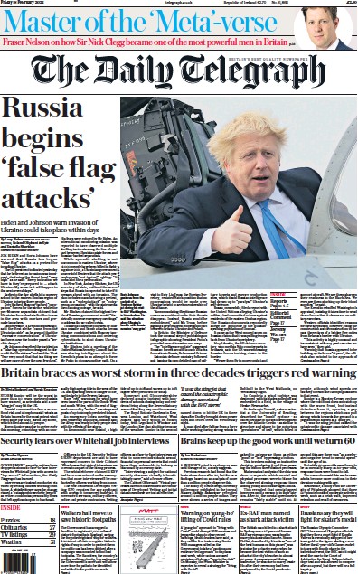 The Daily Telegraph (UK) Newspaper Front Page for 18 February 2022