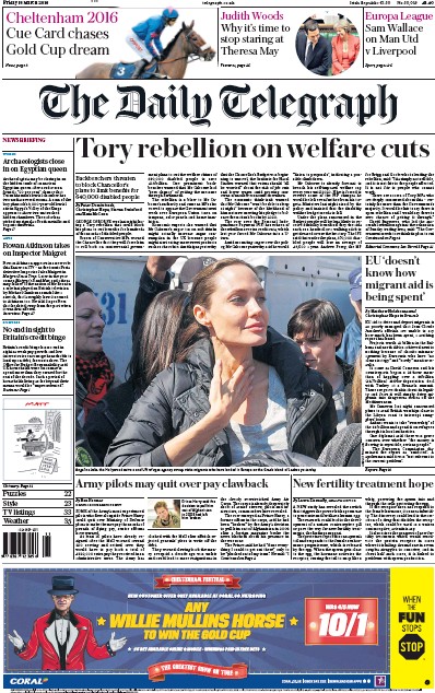 The Daily Telegraph Newspaper Front Page for 18 March 2016