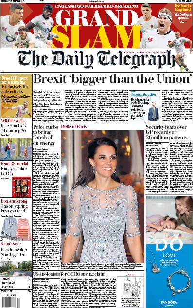 The Daily Telegraph Newspaper Front Page for 18 March 2017
