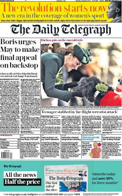 The Daily Telegraph Newspaper Front Page for 18 March 2019