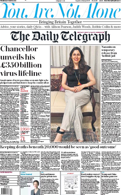 The Daily Telegraph Newspaper Front Page for 18 March 2020
