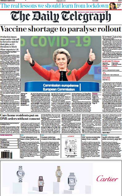 The Daily Telegraph (UK) Newspaper Front Page for 18 March 2021