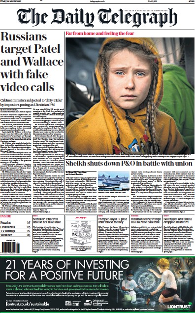 The Daily Telegraph Newspaper Front Page for 18 March 2022