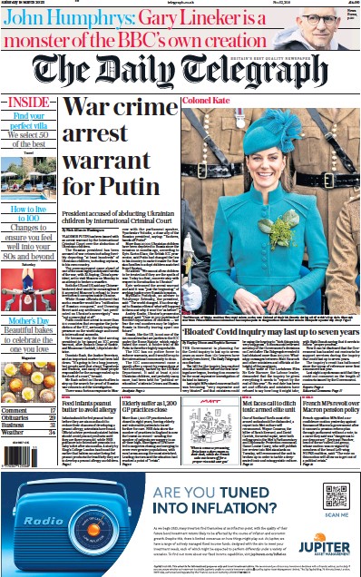 The Daily Telegraph (UK) Newspaper Front Page for 18 March 2023