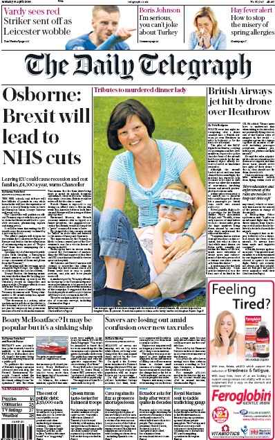 The Daily Telegraph Newspaper Front Page for 18 April 2016