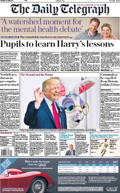 The Daily Telegraph Newspaper Front Page for 18 April 2017